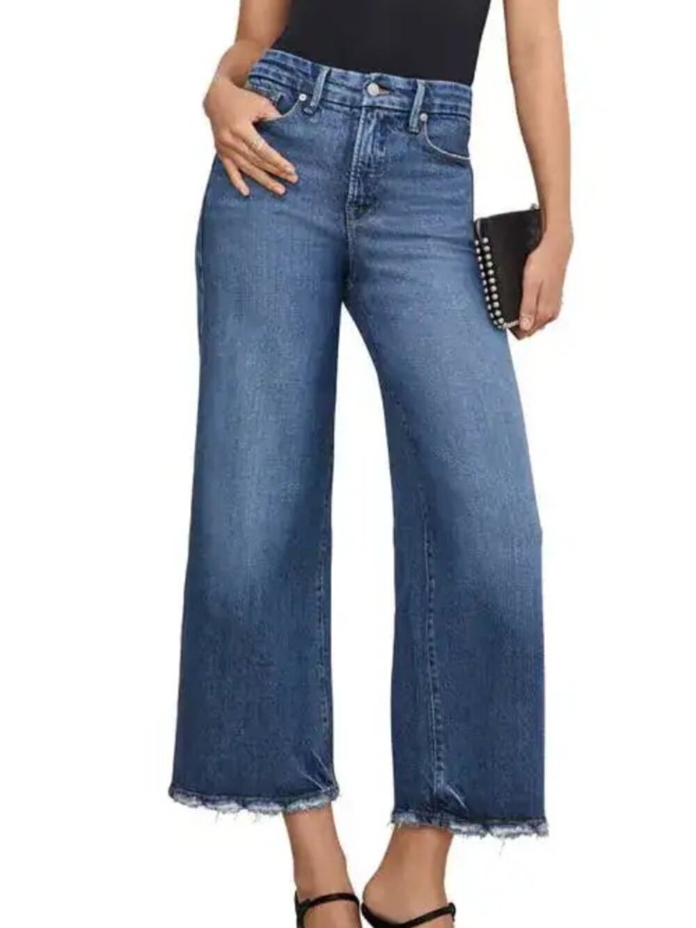 Good American Soft Tech Good Waist Palazzo Crop Cropped High Rise Wide Leg Jeans